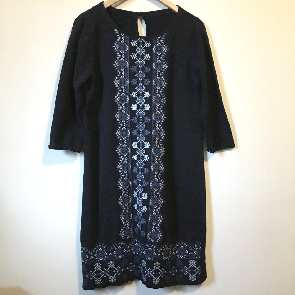 Monsoon London Folksy 100% Cotton Embroidered 3/4 Sleeve Knit Nordic Shift Dress